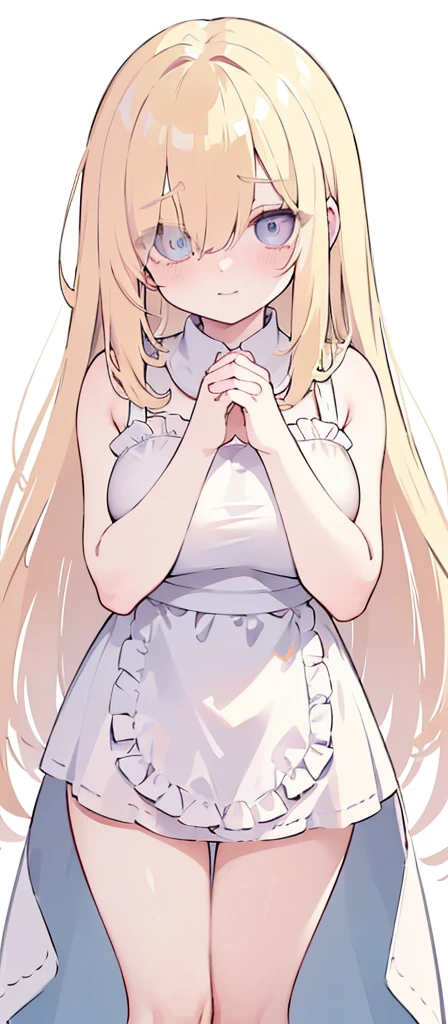 (((Long blonde Beautiful Hair))) hair,kawai,(((Eyes visible from bangs,hair over eyes:1.3))),,Huge breasts,(pink color eyes),,(pink slanted eyes),1girl in,bangs,long gray hair, white background,short hair,smiled,(Wearing a long, tight dress, you can see the curves of her slim body wearing the dress) (Wearing a blue apron covering the front of her body), Bangs should be long to the tip of the chin (((Focus on the hands in the embarrassed hands down pose))), white background, Perfect arm fingers,,, 1 girl, ((The image must match the tag)) Bangs almost cover the eyes full sexy body (The character's entire body from top to bottom is completely visible) (Thighs, legs, bare body wearing only pink lingerie) right hand holding his left hand, head slightly lowered in shame (Masterpiece image quality 8k and above)