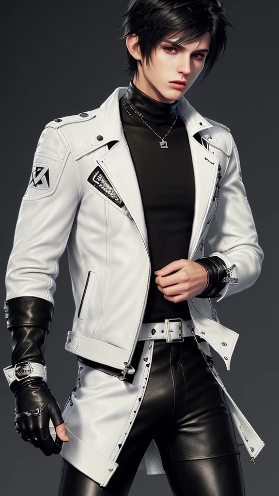 Final fantasy taste and reality graphics, Japanese young cute and cool ikemen boy, his age is early 20s, thin eyebrows and beady eyes, ((he wearing off white color leather thick material jacket)), ((jacket is singlebrest)), biker style jacket, with epaulet, jacket is long sleeve, ((must close the front of the leather jacket)), , ((voluminous leather jacket)), ,((must jacket is high length and stand-up collar)) ((jacket collar with two belts)), ((jacket is a little black color line pattern)),((close the front of the jacket)), ((also wearing black thick material turtleneck lackluster shirts)), ((tight black leather pants)), ((black leather tight and thin glove)), ((black leather knee-high raceup boots)),((must views head-to-toe)),((must views whole body)), ,((Do not show skin from the neck down)),leather jacket leather glove and leather pants have few wrinkles, Avoid showing your innerwear,zip up jacket fastner.must put on a leather glove.
Bous face is expression of ecstasy.
Boy is black hair.boy looks like fashion model.