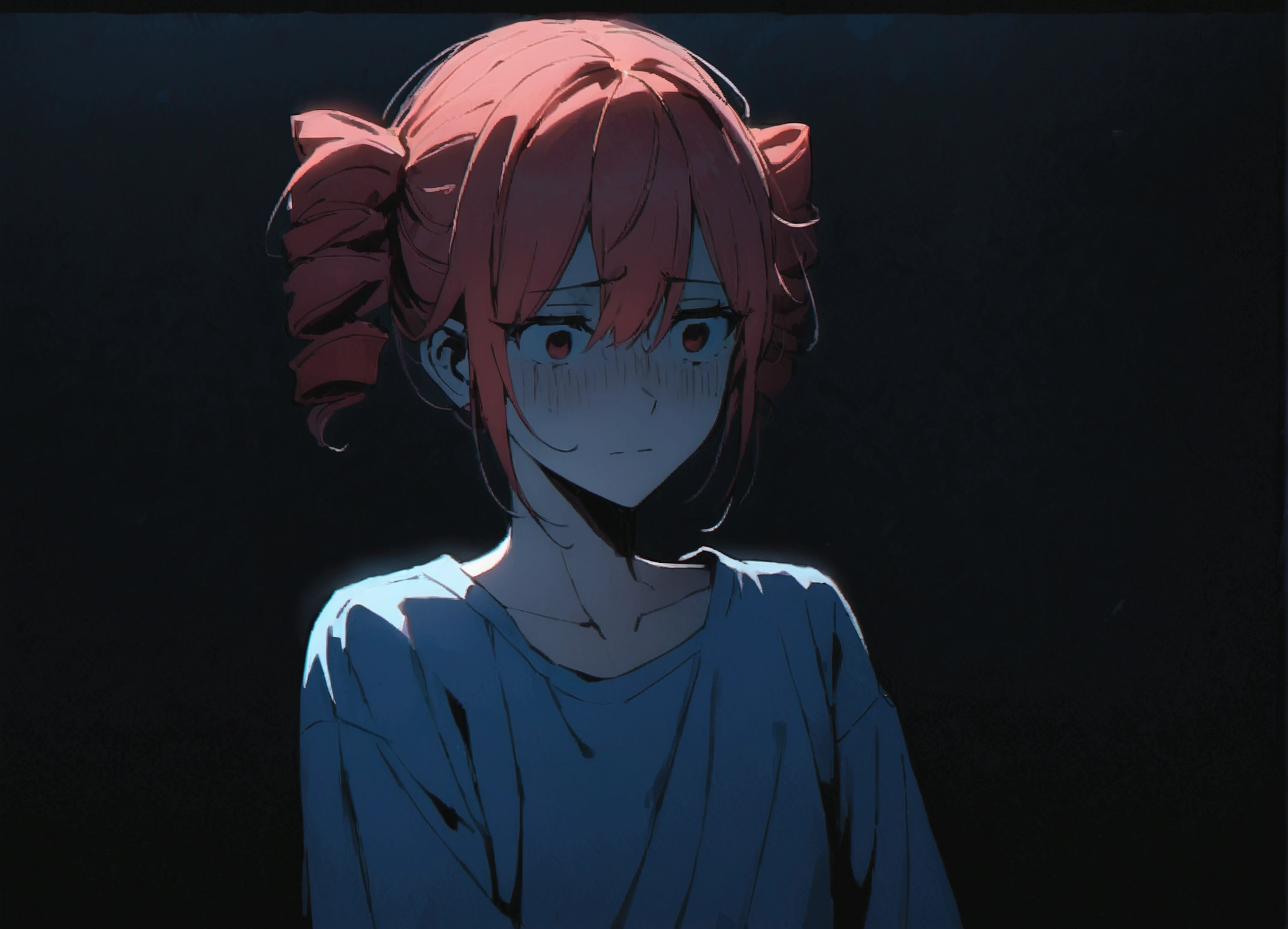 Red hair, despairing face, abandonment, blue t-shirt, night, dark room,