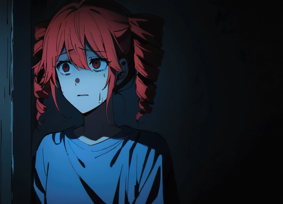 Red hair, despairing face, abandonment, blue t-shirt, night, dark room,