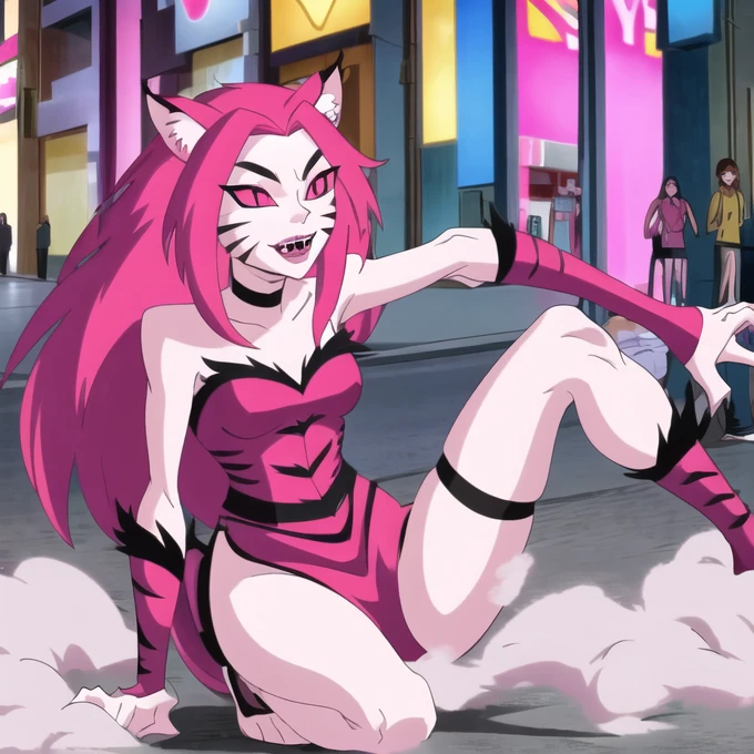 NyaNya,   1girl, solo, pink eyes, pink hair, pink skin, long hair, cat ears, pink sclera, cat tail, claws,  slit pupils, pink lips, whisker markings, pink leotard, fangs, bare shoulders, choker, gloves, city, capelet