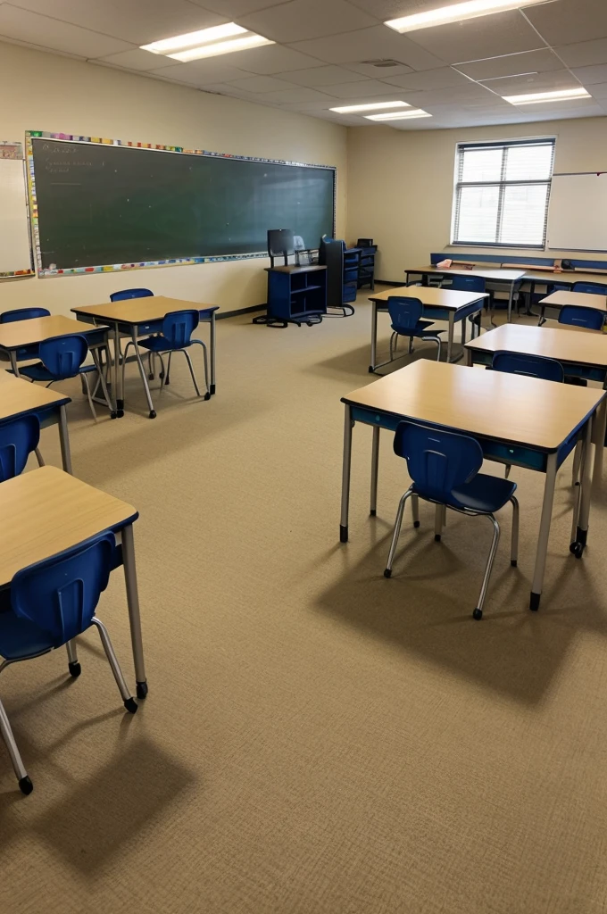 A classroom where a teacher is teaching few student many desk are empty
