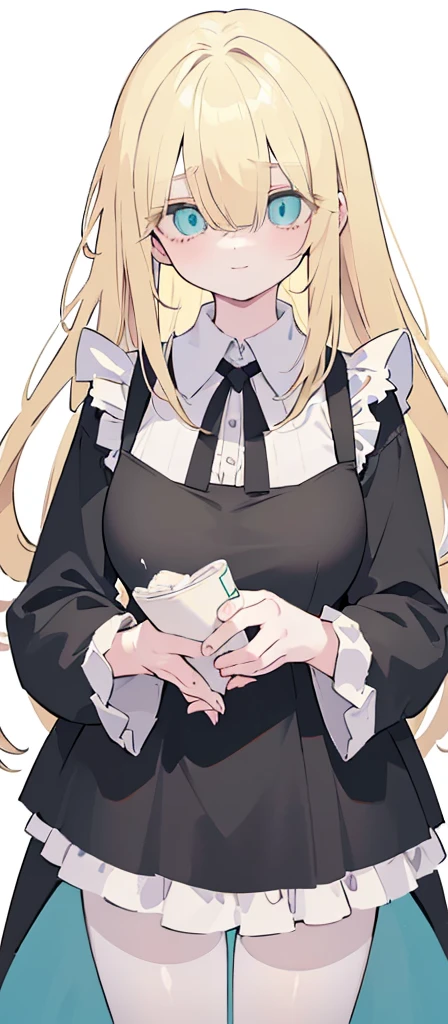 (((Long blonde Beautiful Hair))),blonde hair,kawai,(((Eyes visible from bangs,hair over eyes:1.3))),,Huge breasts,(cyan green color eyes),,(cyany slanted eyes),1girl in,bangs,long gray hair, pantyhose,Cowboy Shot,white background,short hair,smiled,(wearing black maid clothes), (maid dress type must have a perfect black vest), Bangs should be long to the tip of the chin(((Hands focused on holding a towel))), Kitchen room background, Perfect arm fingers,,, 1 girl, ((The image must match the tag)) Bangs almost cover the eyes full body (The character's entire body from top to bottom is completely visible)