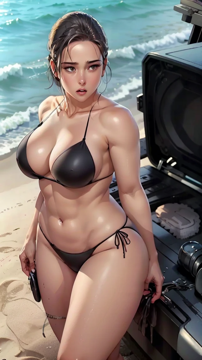 Stephanie in a sexy black bikini,big breast ,standing on beach,high heels ,fat ass,sexy curve,perfect face ,perfect limbs,thick thighs ,slim waist,model body
