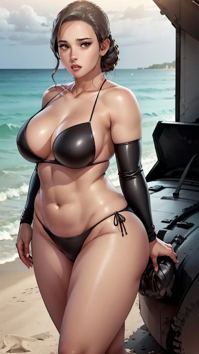Stephanie in a sexy black bikini,big breast ,standing on beach,high heels ,fat ass,sexy curve,perfect face ,perfect limbs,thick thighs ,slim waist,model body