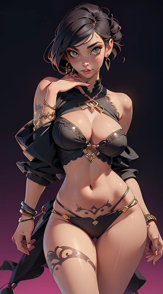a beautiful woman, slender and curvy, (detailed large breasts:0.75), slightly toned stomach, ample hips, thick thighs, ((realistic skin:1.5))), tribal meets bohemian, tattoos, piercing, bohemian jewelry, modern, she is so cute and curvy, raw, seductive, mixed of colors and materials, intricate details, fashion photography, highly detailed, highest quality,