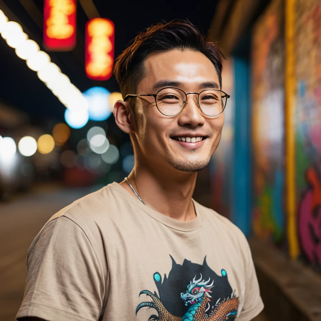 A portrait photo of a gorgeous young French-Japanese man, handsome K-pop idols face, from side, still from the film, ((solo)), (Ju Ji Hoon look alike face: 0.9), He is 40 years old, 176 cm tall, smiling, with Buzz cut hair in black. He has electric brown eyes and is wearing a beige t-shirt, ripped jeans, and red sneakers. He has multiple tattoos (a dragon on his arm, a phoenix on his neck), He is also wearing large eyeglasses, The background colorful graffiti, with night light bulbs, bokeh, silhouette, shallowed depth of field, Leica SL3, Summicron-SL 75 f/2 ASPH, kodak gold 200 film,