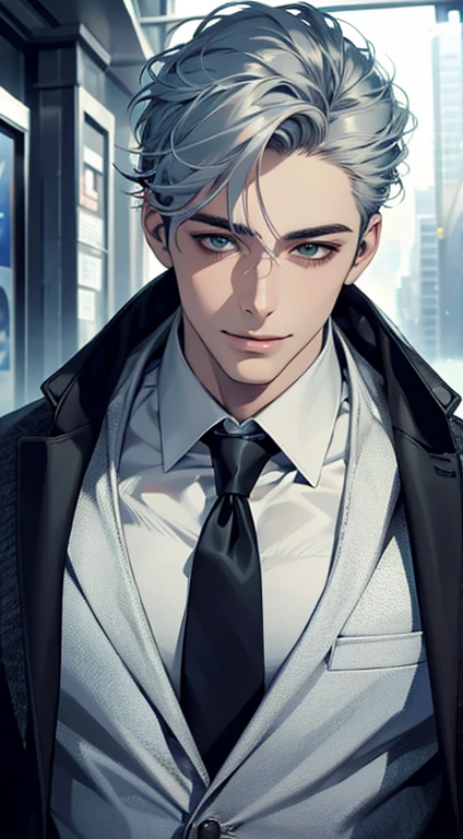 (Highest quality,4K,8K,High resolution,masterpiece:1.2),Super detailed,(Realistic,photoRealistic,photo-Realistic:1.37),1 person,31 years old,Mature Men,Beautiful skin、very handsome,Expressionless smile in love,Short gray blue hair,green eyes,Sharp Eyes,A perfect face without a doubt,Businessman,Office Background,Cinema Lighting,HDR image,tie、