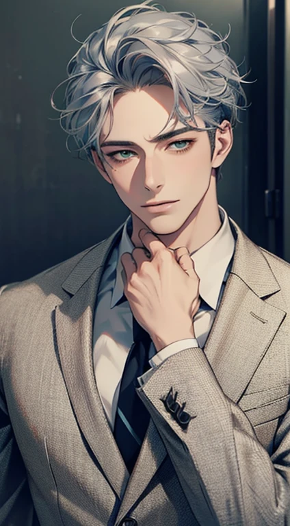 (Highest quality,4K,8K,High resolution,masterpiece:1.2),Super detailed,(Realistic,photoRealistic,photo-Realistic:1.37),1 person,31 years old,Mature Men,Beautiful skin、very handsome,Expressionless smile in love,Short gray blue hair,green eyes,Sharp Eyes,A perfect face without a doubt,Businessman,Office Background,Cinema Lighting,HDR image,tie、