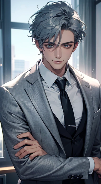 (Highest quality,4K,8K,High resolution,masterpiece:1.2),Super detailed,(Realistic,photoRealistic,photo-Realistic:1.37),1 person,31 years old,Mature Men,Beautiful skin、very handsome,Expressionless smile in love,Short gray blue hair,green eyes,Sharp Eyes,A perfect face without a doubt,Businessman,Office Background,Cinema Lighting,HDR image,tie、