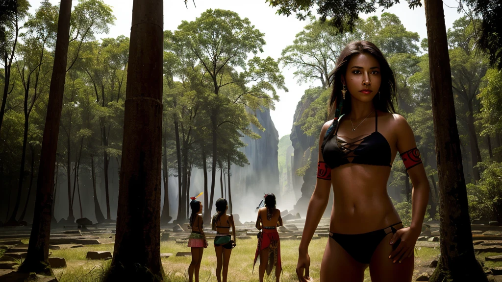 best qualityer, work of art, (realisitic:1.2), 1 girl, standing alone, Headshots, trunk, (Silhouette Lighting:1.2), tattooed red tribal, (darkskin:1.2), Tribal Bikini, face painting, face marker, hourglass figure, ancient ruins at dusk, Indian twilight in the forest