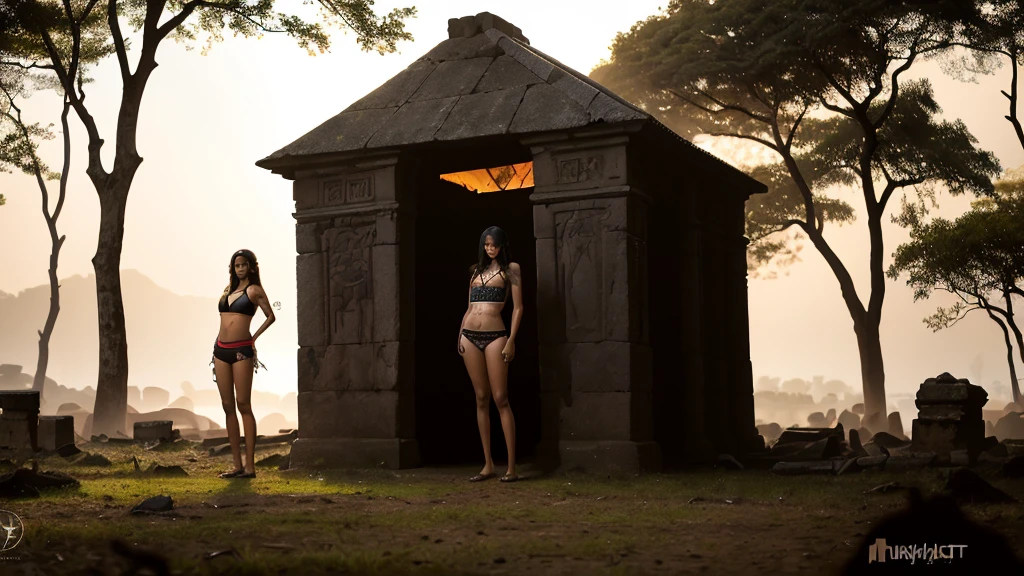 best qualityer, work of art, (realisitic:1.2), 1 girl, standing alone, Headshots, trunk, (Silhouette Lighting:1.2), tattooed red tribal, (darkskin:1.2), Tribal Bikini, face painting, face marker, hourglass figure, ancient ruins at dusk, Indian twilight in the forest
