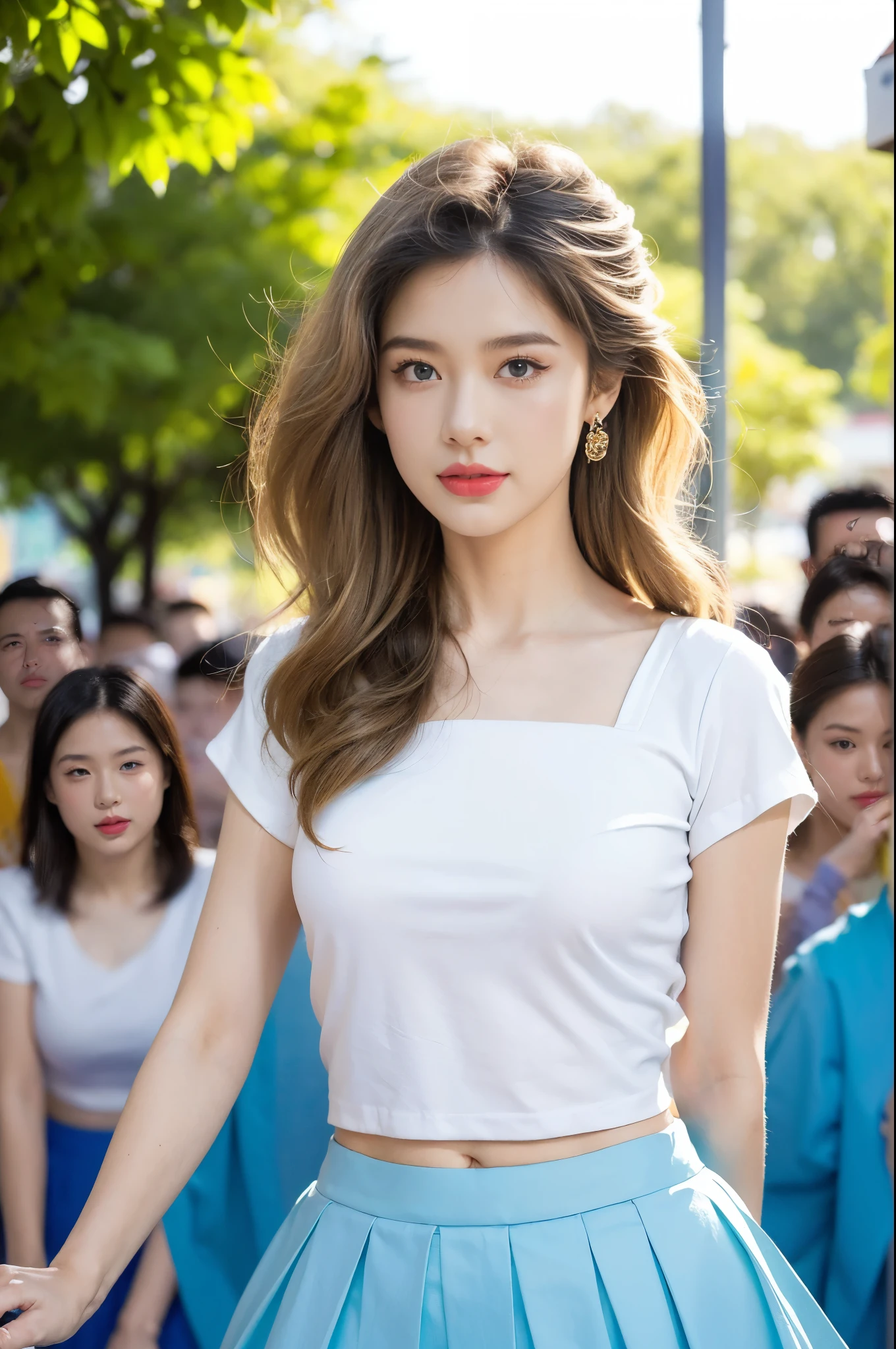 (((best quality))), (((ultra detailed))), (((masterpiece))), illustration,((a beautiful girl,solo)),(shoulder length straight hair:1.2),((slim,thin)),((small breasts,flat chest,claviclis,navel)),(blue short-sleeved white shirt:1.5),(blue mini-skirt:1.3),(slender legs:1.2),(standing:1.3),(on a stage:1.3),((outside a shopping mall, at the entrance of a beer promotional event)), ((surrounded by crowded crowds)),((her hair and the edges of her skirt fluttering in the air)), the girl's attire reflecting the vibrant spirit of summer, a sense of youthful charm and confidence exuding from her, her hair flows freely in the wind, the fluttering skirt accentuating her graceful movements, her expressive eyes and infectious smile drawing people closer, the stage adorned with colorful decorations, the vibrant atmosphere enhanced by the enthusiasm of the crowd, onlookers of various ages captivated by her performance, clapping, cheering, and taking photos, the girl's graceful dance transforming the ordinary streets into a vibrant and lively venue, her energy and charisma captivating the audience, the scene encapsulating the spirit of summer and the beauty of artistic expression,(night scene:1.3),(from front:1.3),(upper body:1.3)