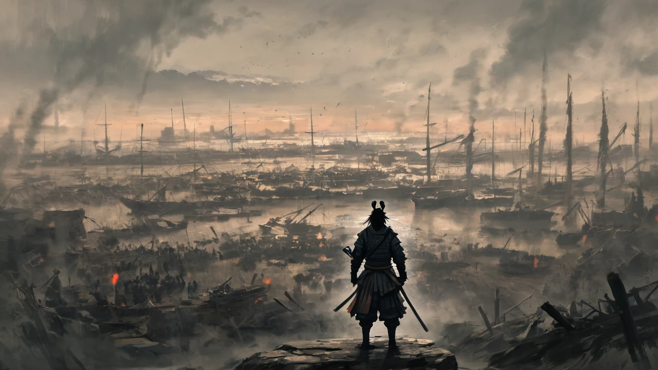 a samurai standing showing his back holding katana watching towards the battlefield where people fighting and full of chaos and war, the atmosphere is scary and the tone of image is orange