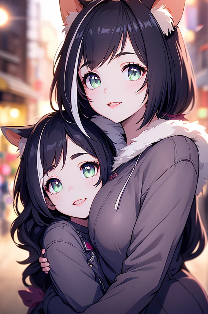 a mother cat girl with her little daughter hugging, mother with huge breasts, daughter with short bob haircut, nude, smiling, beautiful detailed eyes, beautiful detailed lips, extremely detailed eyes and face, long eyelashes, photorealistic, highly detailed, 8k, masterpiece, cinematic lighting, dramatic lighting, vibrant colors, warm color palette, mother using lipstick, daughter is a small, mother giving affection to her daughter
