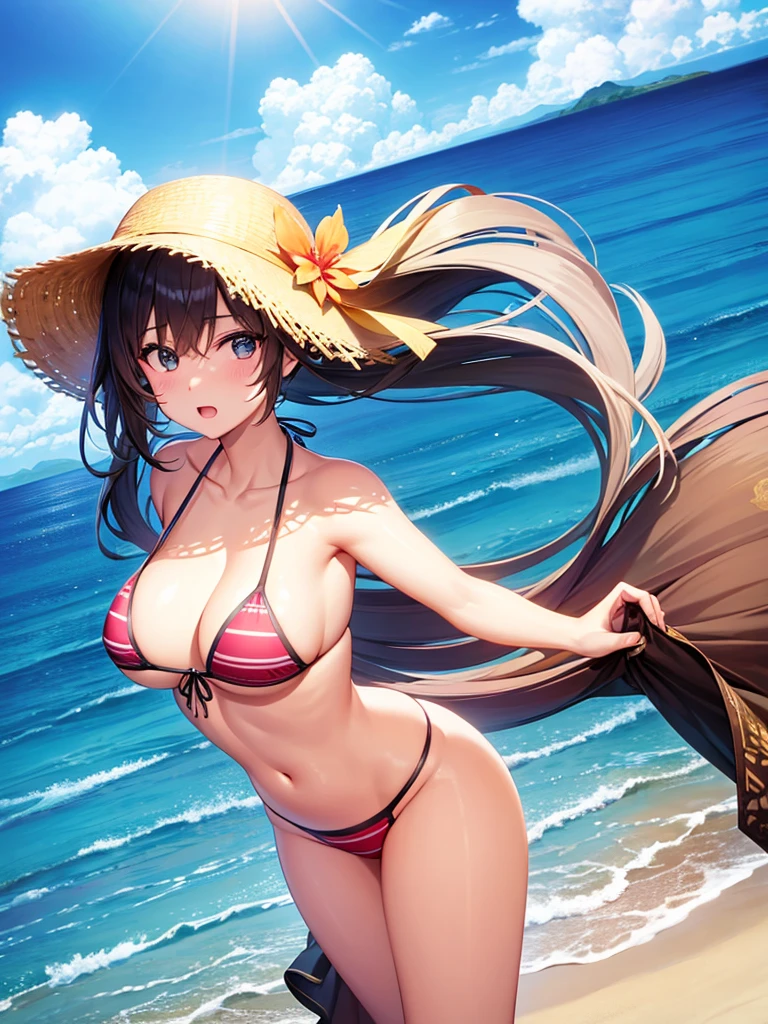 Extremely giant tits, girl, in the beach, in a small bikini