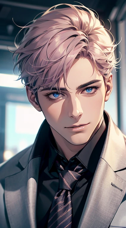 (Highest quality,4K,8K,High resolution,masterpiece:1.2),Super detailed,(Realistic,photoRealistic,photo-Realistic:1.37),1 person,31 years old,Mature Men,Beautiful skin、Profile、very handsome,Expressionless,smile,Short gray pink hair,blue eyes,Sharp Eyes,A perfect face without a doubt,Businessman,Office Background,Cinema Lighting,HDR image,tie、