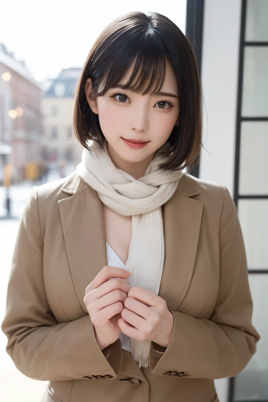 (masterpiece, Highest quality),Everything is beautifully detailed、One Girl, alone, Black-haired, scarf, Have, Realistic, Realistic, Looking at the audience, Light brown eyes, short hair, Brown coat, Winter clothes, White headscarf, lips, prohibit, Plein Air, Mouth closed, Upper Body、Big eyes、eyelash、((Beautiful scenery of sparkling snow))、(((前髪ありshort hair、Big eyes、Big ample chest、{huge|big|hugeな|Mega} chest, chestの谷間、Gazing at the audience、A wonderful, beautiful beauty、Listen carefully、Long neck、Laugh a little、Please close your mouth and laugh)))、expensive、A beautiful woman with elegant charm、An innocent smile、A beautiful woman with a dignified charm、