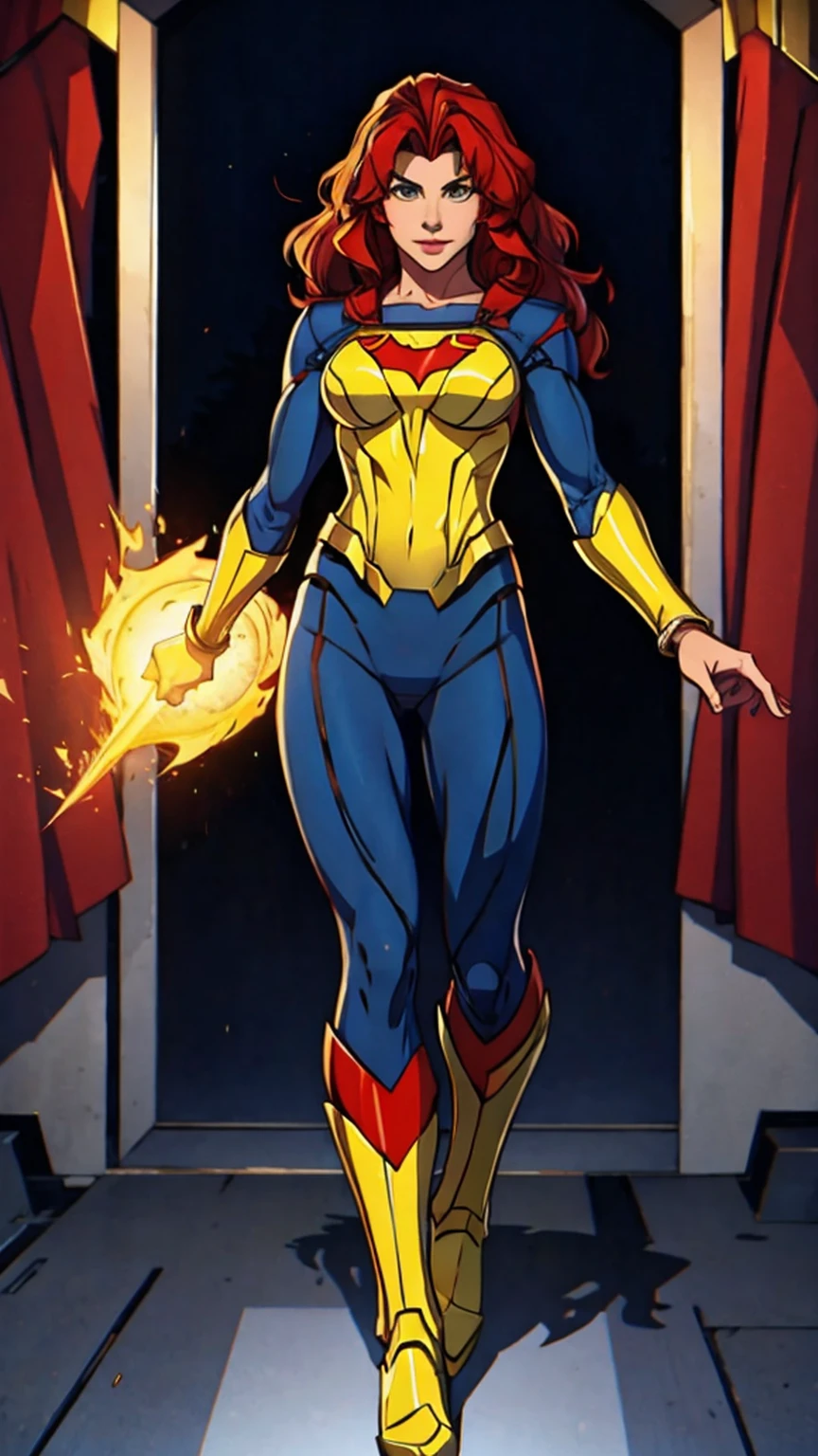 1 girl ((solo)),(comic style:1.1),(masterpiece),(line art:1.5), (full body),(comic book cover, masterpiece, award winning, best quality:1.3), (flat color:1.3),(colorful:1.3), , red and yellow superheroine outfit, yellow lipstick, cape, high heels boots, sexy body, heroic pose, fire power, glow eyes, chestnuts smooth and long hairs, super quality, high resolution, nice face, very detailed, full body, standing, serious face, realistic detailed fabric textures, art by claymann, just one character, dominance de rouge, fire in hand, flames background, art by david finch