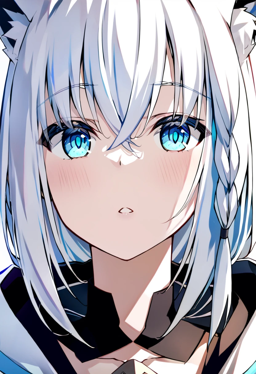 one girl, Shirakami Fubuki, fox ears, white hair, upperbody focus, light blue eyes