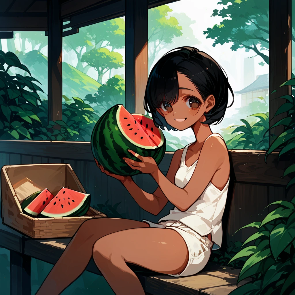 score_9, score_8_up, score_7_up, source_アニメ, high res image, masterpiece, best quality, 1 girl, Brown skin, shiny hair, ultra detailed eyes, eye highlights, short hair, black hair, brown eyes, white tank top, short shorts, smile,foot focus、 (eating watermelon:1.1), holding watermelon with both hands, verandah, japanese home, sitting, CETUS,ocean in the distance、evening