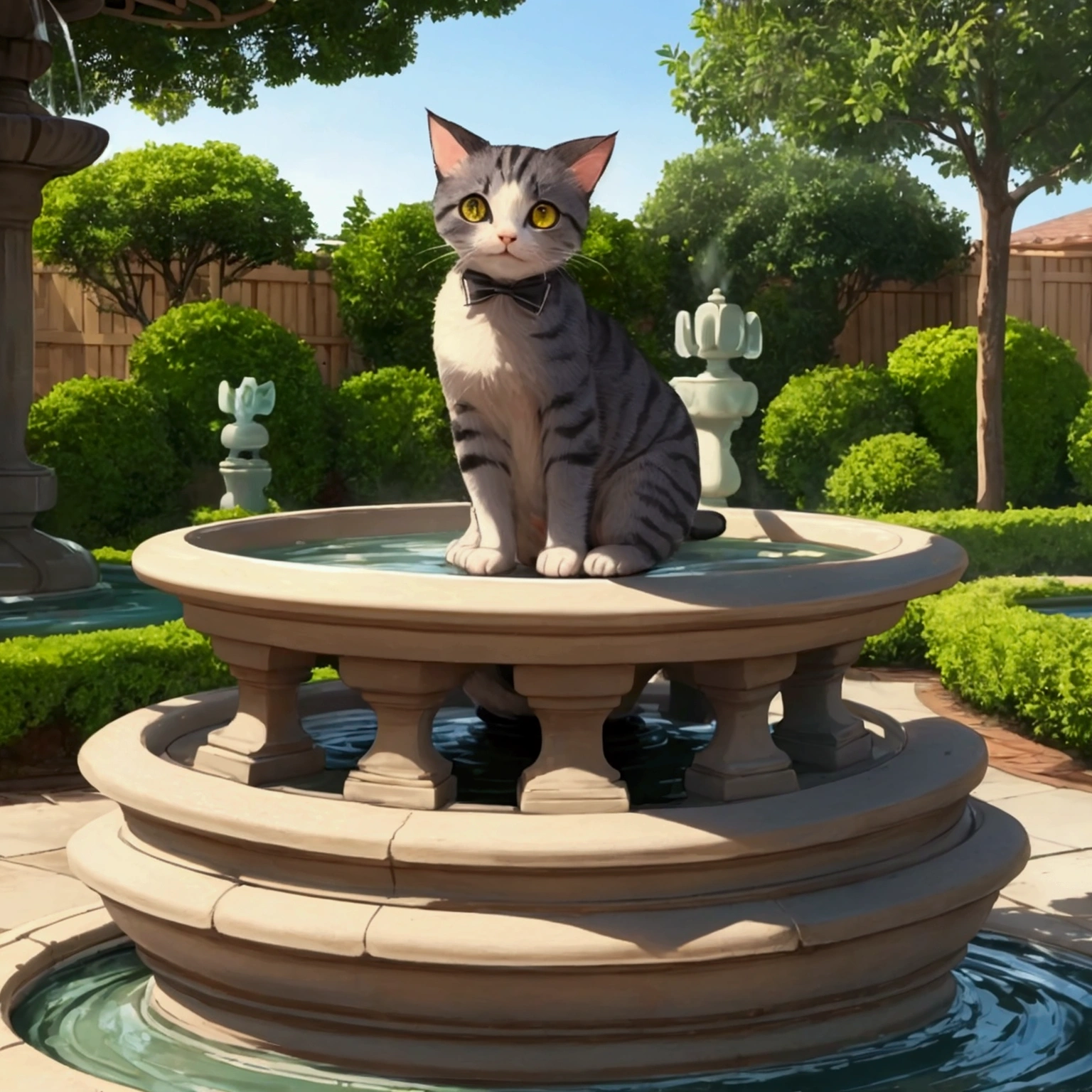 A round-eyed cute cat, Garden fountain, , Distant home, cute, Little