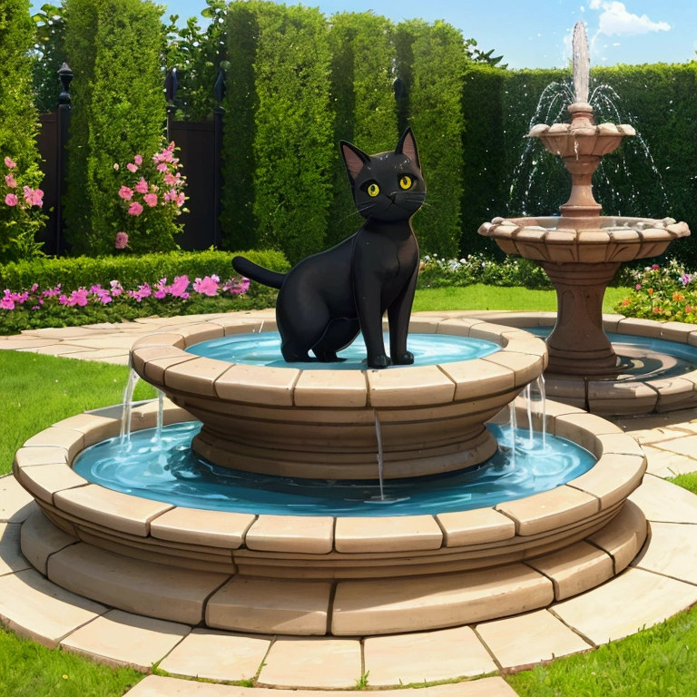 A round-eyed cute cat, Garden fountain, , Distant home, cute, Little