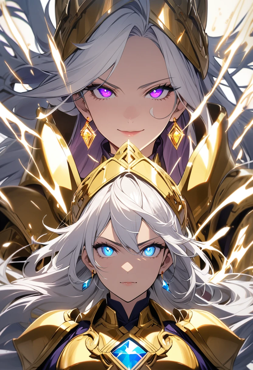 woman, blue eyes, long hair, white hair, mature, god eyes, diamond earings, glowing right eyes, two colors eyes, purple eyes, golden armor, cool face
