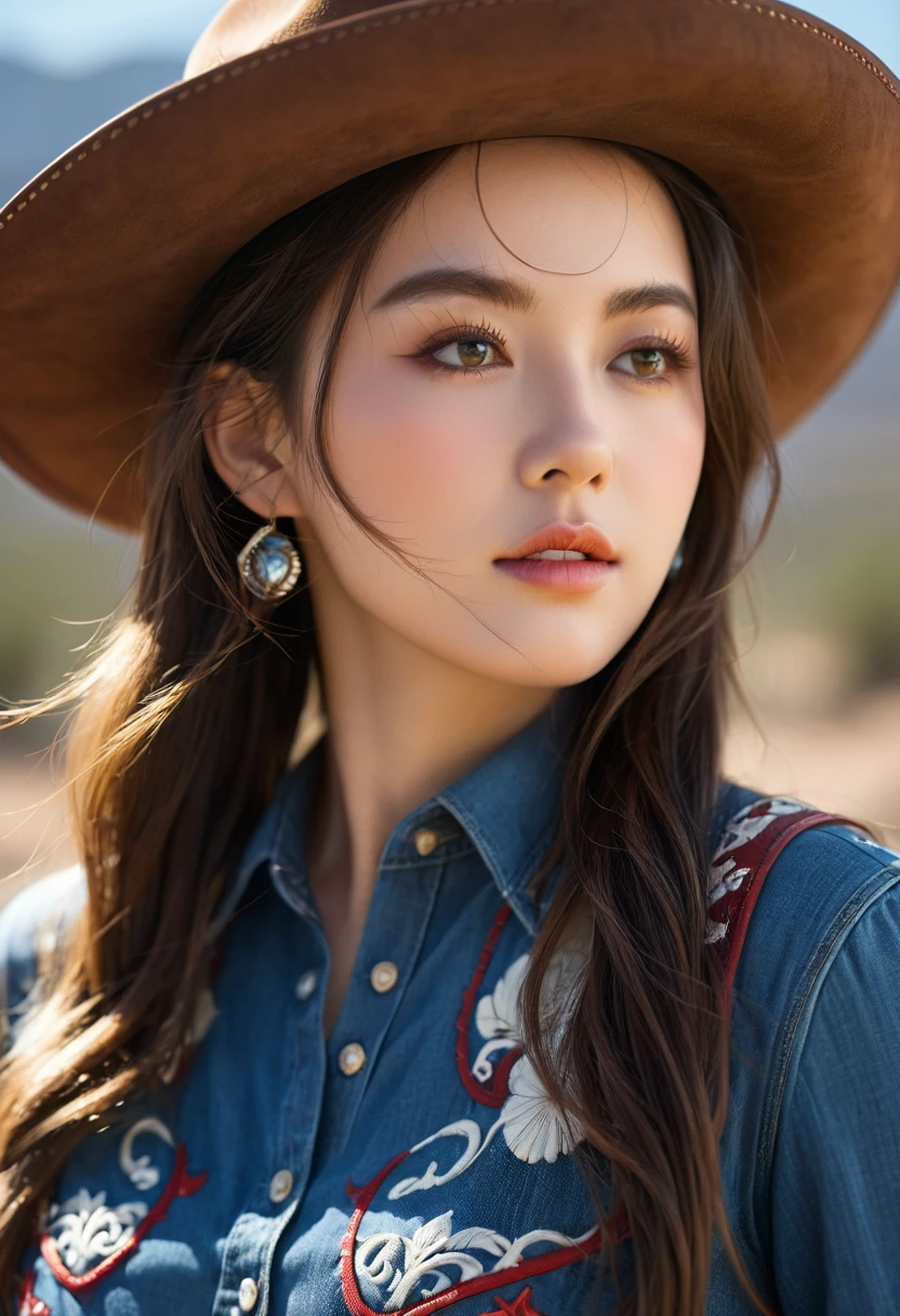 Western cowboy style, Cowboy girl, photography, best quality, Practical, Practical, Intricate details, (Fine details), (Intricate details), light, best quality backlight, Clear lines, 8K, Ultra-high resolution, Pure face_v1,