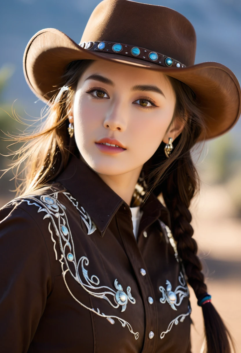 Western cowboy style, Cowboy girl, photography, best quality, Practical, Practical, Intricate details, (Fine details), (Intricate details), light, best quality backlight, Clear lines, 8K, Ultra-high resolution, Pure face_v1,