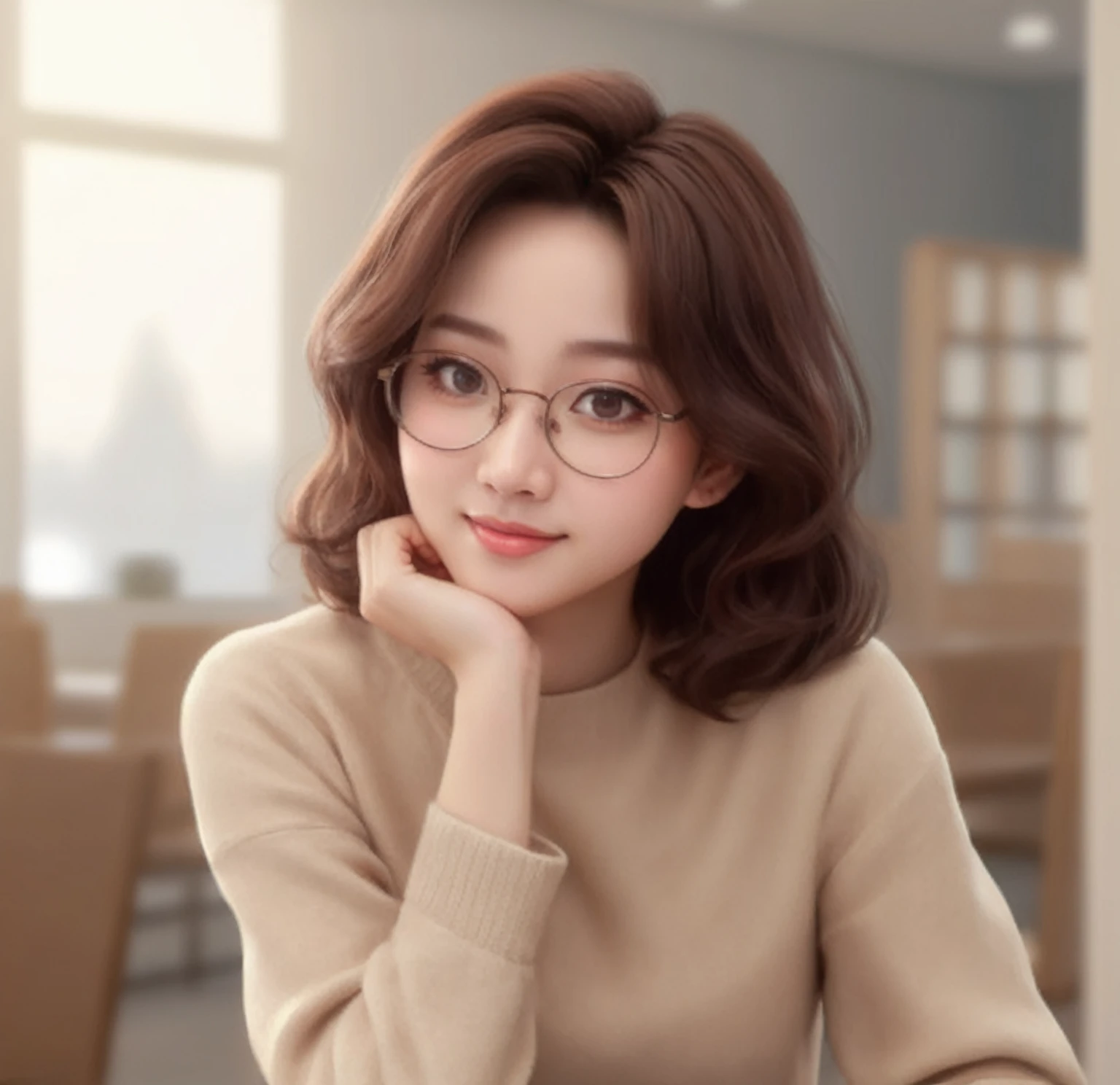 a close up of a woman wearing glasses sitting at a table, high quality portrait, kawaii realistic portrait, realistic cute girl painting, realistic portrait photo, with glasses, realistic anime 3 d style, artwork in the style of guweiz, girl with glasses, cute portrait, realistic portrait, by Yanjun Cheng, realistic. cheng yi, nft portrait, indonesian woman, beauty woman.