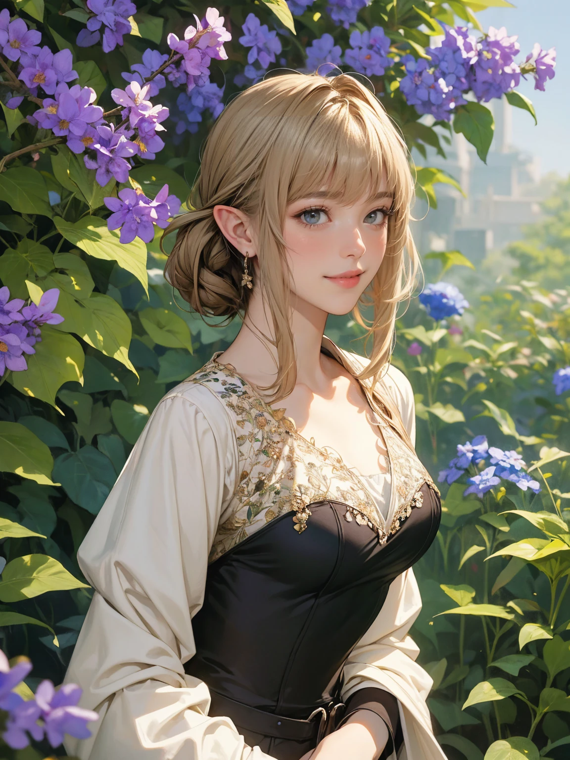 In a colorful art medium, create a vivid masterpiece of a elf girl in a garden. (masterpiece:1.1),(super realistic:1.0)(extremely detailed, intricate details, highres,2.5d:1.1), creating authentic atmosphere,(violet_evergarden:1.29), The garden is lush and vibrant, with blooming flowers and lush greenery.
