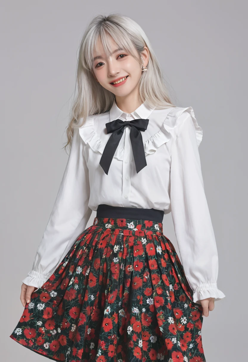 masterpiece, best quality, 1 Girl, Solitary, long_hair, Watching_exist_Viewer, white hair, Red Eyes, Smile, Bangs, skirt, shirt, long_sleeve, hexist, skirt, bow, Keep, closure_Mouth, flower, Ruffles, hair_flower, flower瓣, flower束, Keep_flower, center_Ruffles, cap, Keep_flower束, Standing picture, whole body, White background,  