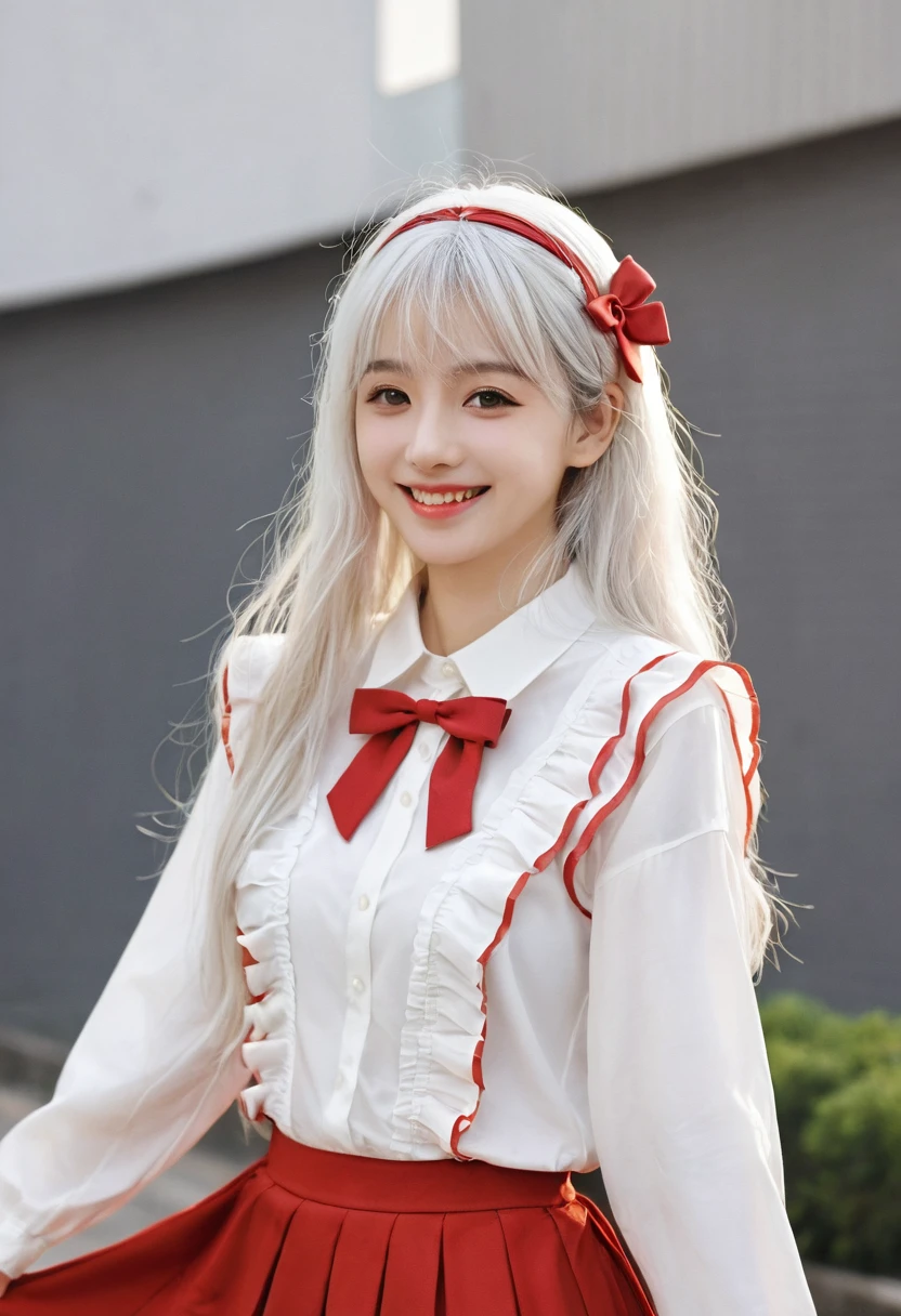 masterpiece, best quality, 1 Girl, Solitary, long_hair, Watching_exist_Viewer, white hair, Red Eyes, Smile, Bangs, skirt, shirt, long_sleeve, hexist, skirt, bow, Keep, closure_Mouth, flower, Ruffles, hair_flower, flower瓣, flower束, Keep_flower, center_Ruffles, cap, Keep_flower束, Standing picture, whole body, White background,  