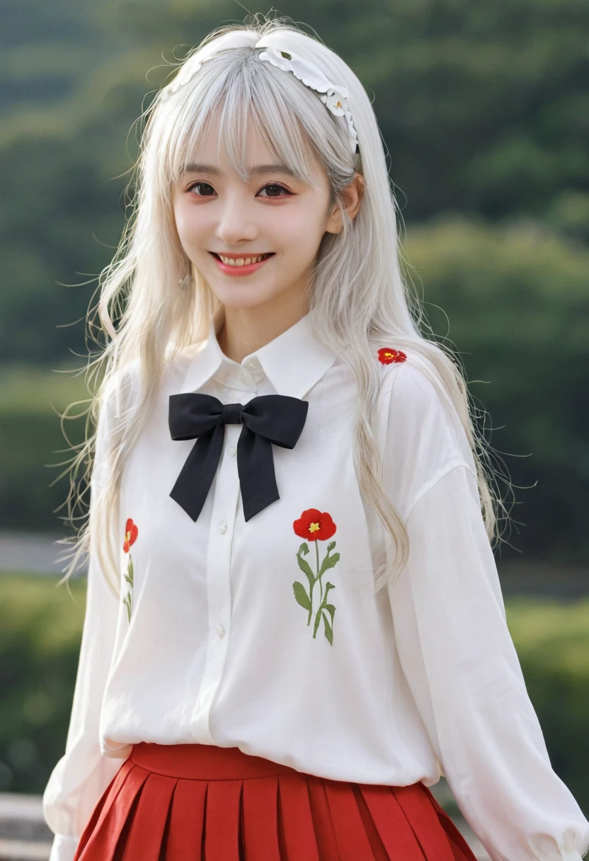 masterpiece, best quality, 1 Girl, Solitary, long_hair, Watching_exist_Viewer, white hair, Red Eyes, Smile, Bangs, skirt, shirt, long_sleeve, hexist, skirt, bow, Keep, closure_Mouth, flower, Ruffles, hair_flower, flower瓣, flower束, Keep_flower, center_Ruffles, cap, Keep_flower束, Standing picture, whole body, White background,