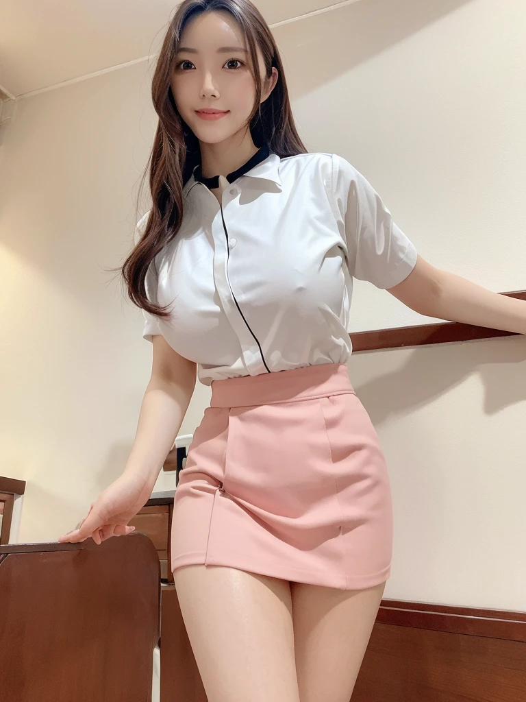 Highest quality、masterpiece、8k、Very detailed、Realistic、(One person:1.2)、Looking at me with a smile、whole body、Black Hair、Short Hair、Small face、Slender、(Very large breasts:1.2)、Thin and beautiful legs、narrow and constricted waist,、(Family Restaurant Uniforms:1.2)、A tight-fitting white shirt with buttons and a collar、A short, black, high-waisted skirt、(Nobody background)
