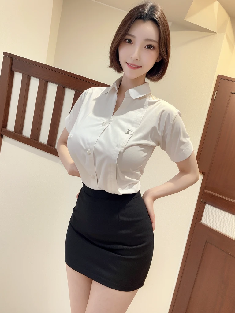 Highest quality、masterpiece、8k、Very detailed、Realistic、(One person:1.2)、Looking at me with a smile、whole body、Black Hair、Short Hair、Small face、Slender、(Very large breasts:1.2)、Thin and beautiful legs、narrow and constricted waist,、(Family Restaurant Uniforms:1.2)、A tight-fitting white shirt with buttons and a collar、A short, black, high-waisted skirt、(Nobody background)