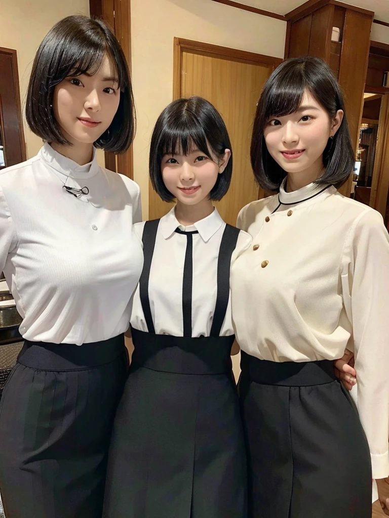 Highest quality、masterpiece、8k、Very detailed、Realistic、(One person:1.2)、Looking at me with a smile、whole body、Black Hair、Short Hair、Small face、Slender、(Very large breasts:1.2)、Thin and beautiful legs、narrow and constricted waist,、(Family Restaurant Uniforms:1.2)、A tight-fitting white shirt with buttons and a collar、A short, black, high-waisted skirt、(Nobody background)