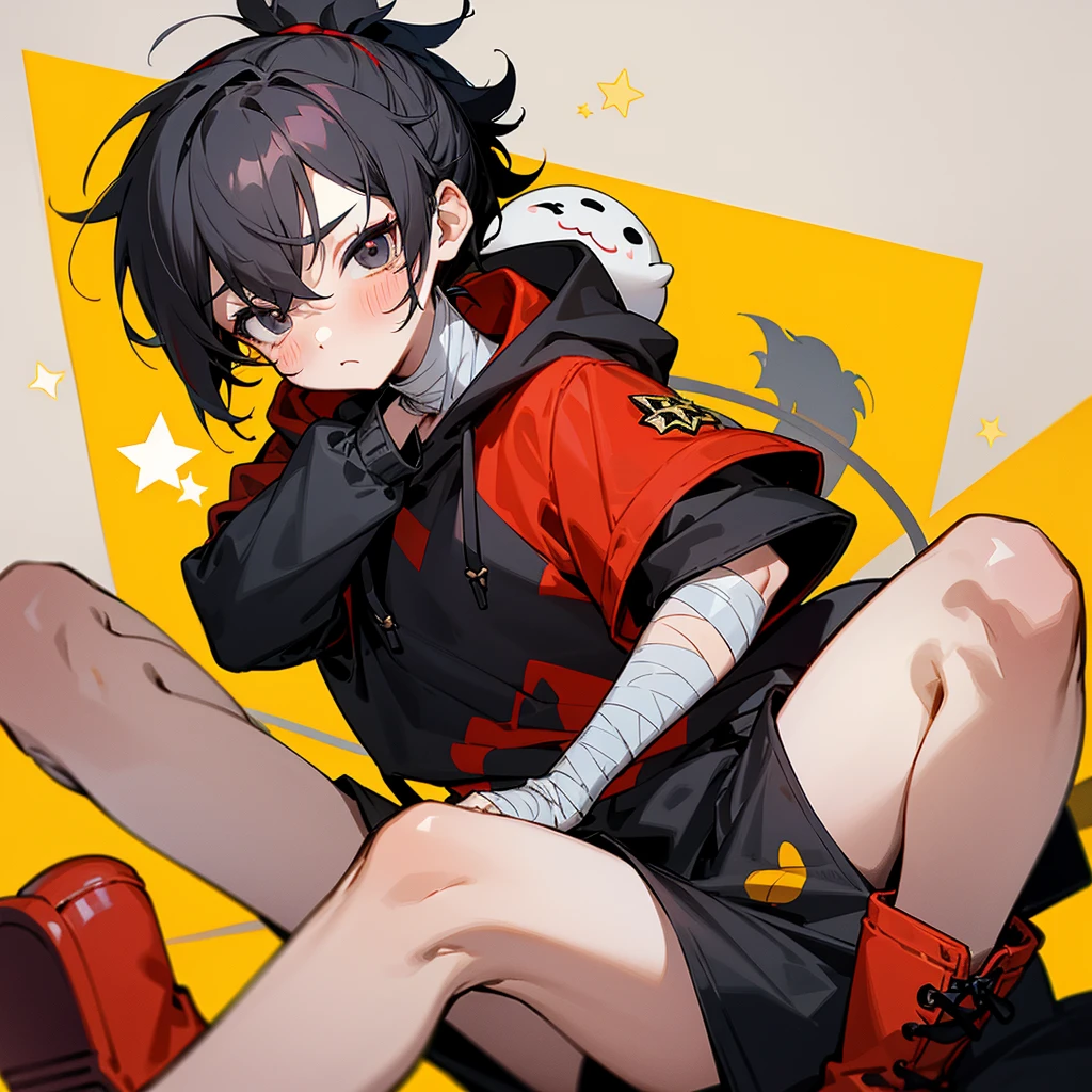 brawl stars, chibi boy, black short hair,mini boy ponytail,blush on the cheeks, black eyes,dark gray mask on the eyes, red mini bandage around the neck, gray long hoodie, short sleeves, skinny legs, big red boots with yellow stars, seal tail