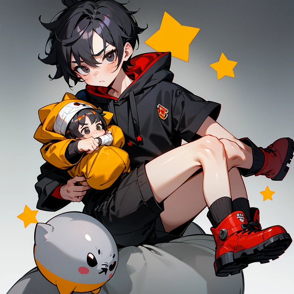 brawl stars, chibi boy, black short hair,mini boy ponytail,blush on the cheeks, black eyes,dark gray mask on the eyes, red mini bandage around the neck, gray long hoodie, short sleeves, skinny legs, big red boots with yellow stars, seal tail