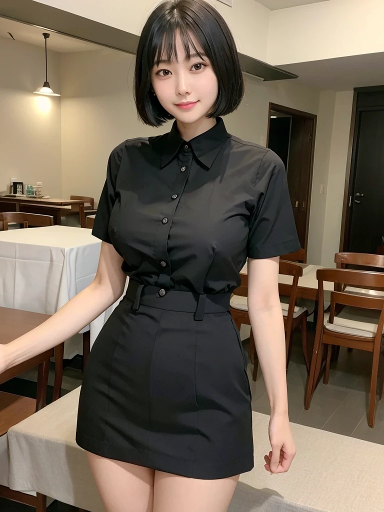 Highest quality、masterpiece、8k、Very detailed、Realistic、(One person:1.2)、Looking at me with a smile、whole body、Black Hair、Short Hair、Small face、Slender、(Very large breasts:1.2)、Thin and beautiful legs、narrow and constricted waist,、(Family Restaurant Uniforms:1.2)、A tight-fitting white shirt with buttons and a collar、A short, black, high-waisted skirt、(Nobody background)