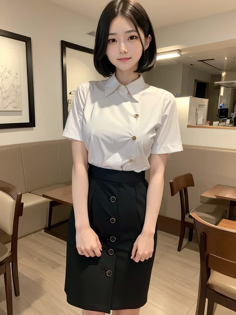 Highest quality、masterpiece、8k、Very detailed、Realistic、(One person:1.2)、Looking at me with a smile、whole body、Black Hair、Short Hair、Small face、Slender、(Very large breasts:1.2)、Thin and beautiful legs、narrow and constricted waist,、(Family Restaurant Uniforms:1.2)、A tight-fitting white shirt with buttons and a collar、A short, black, high-waisted skirt、(Nobody background)