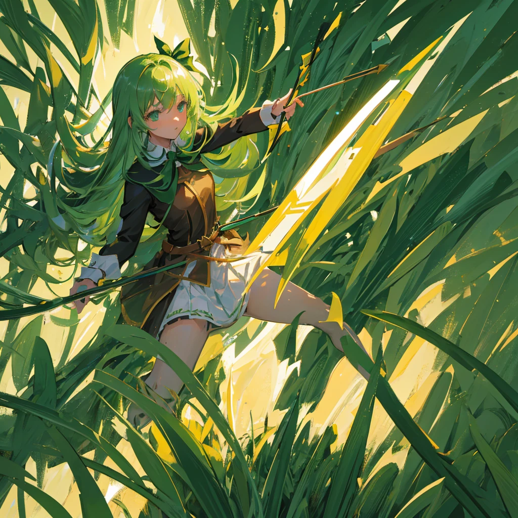 One girl，Green long hair，Holding a bow and arrow，middle Ages，((Pure green background))