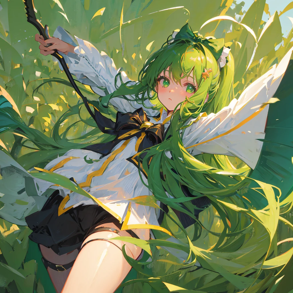 Adult, one female, Long black hair with green line in the middle, white shirt with Rank on the shoulder , short green skirt with gold trim,With a hand fan While Jump in the Desert , Slanted eyes, Glare, masterpiece, variation style, white stocking