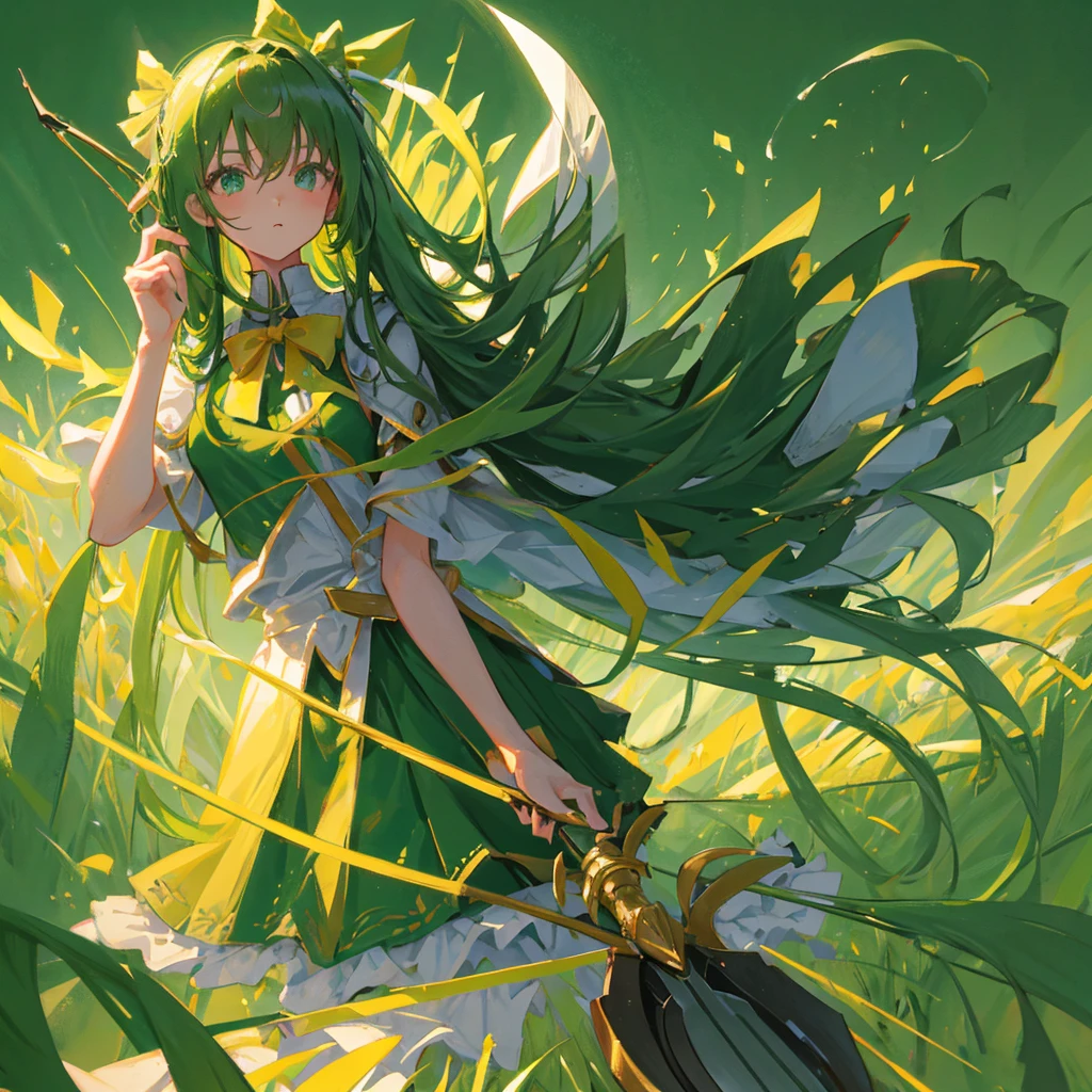 One girl,Green long hair,Holding a bow and arrow,middle Ages,((Pure green background))