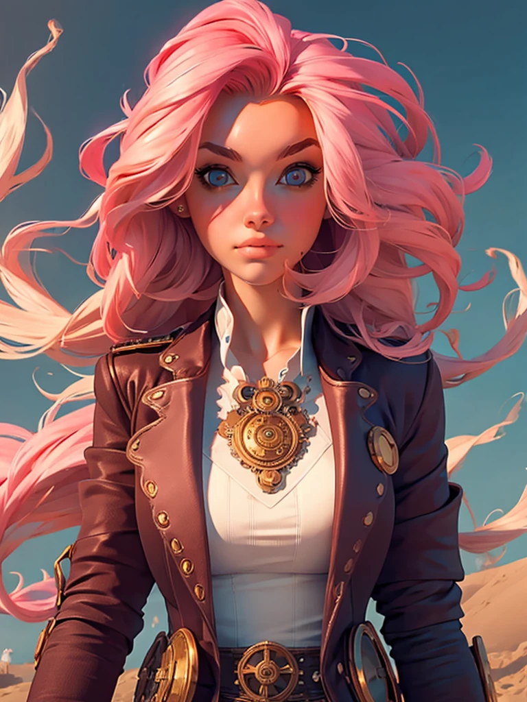 best quality, masterpiece, upper body, woman, blonde hair blown in the wind, shining eyes, steampunk nude style, thin clothes, pink clothes, pink hair