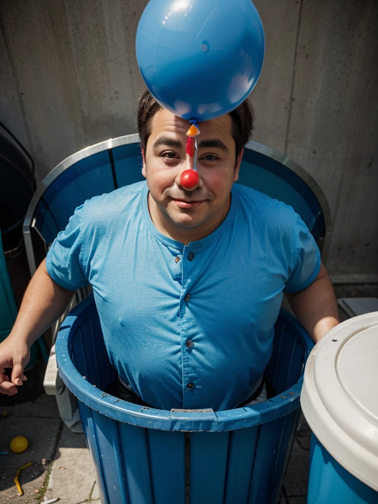 A man clown with big cheeks holds a blue balloon inside a trash can