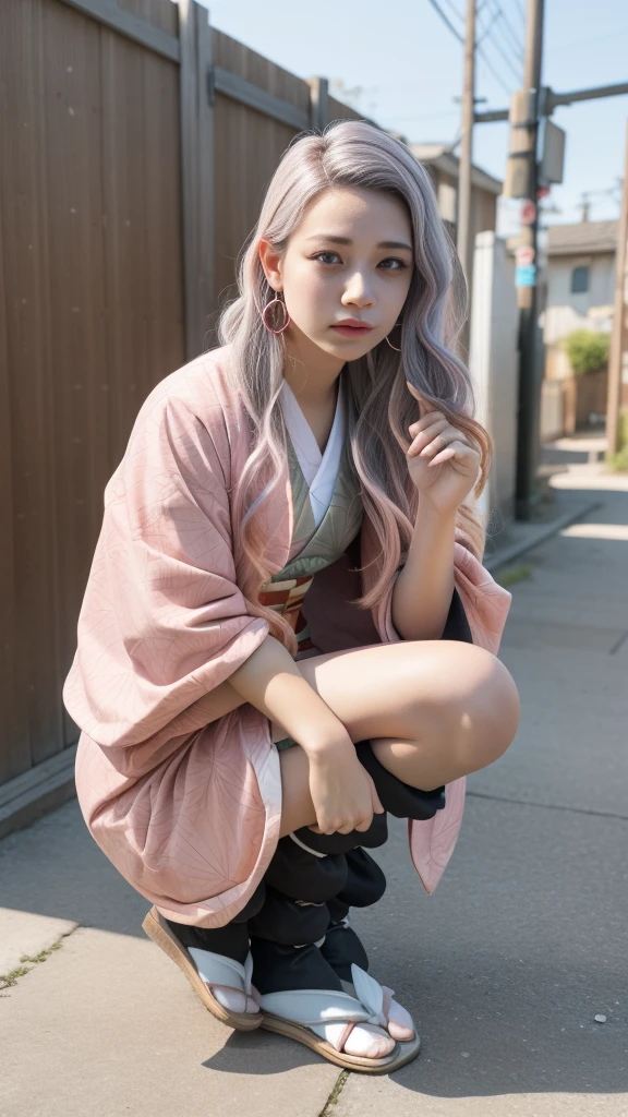 Cute Japanese woman, (16 years old), (Very cute face: 1.3), White and moisturized skin,
BREAK,
Fighter, Kung Fu fighter, Idol,
BREAK,
(Wearing cute kimono: 1.3), (Very revealing kimono), Very large earrings, Short length,
BREAK,
(Long hair), (Gray hair), (Wavy hair), (Gradient pink hair: 1.3), (Red hair at the ends),
BREAK,
(Realistic: 1.3), Masterpiece, Perfect lighting, (Ultra high resolution), (8K), (Very detailed: 1.4), (From the front), Looking at the camera, Melancholy expression, (Full body: 1.3),
BREAK,
(Japanese city streets: 1.2), (Great fire in the background),
BREAK,
(Demon Slayer: 1.4),
BREAK,
(Hellfire: 1.2), Demon,