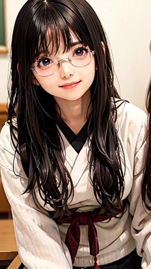 very cute and beautiful girl,(Highly detailed beautiful face),(((A very cute face like a top Japanese idol)))、White blouse,ribbon,(Pleated check mini skirt),
Black Hair,Wooden classroom,
(Highest quality,masterpiece:1.0),Absurd,High resolution,Highly detailed background,Long Hair、(((((Composition from the front)))))、Bright colors、(((smile)))、(((looking at the camera)))、(((upper body shot)))、Very beautiful big eyes like a famous Japanese idol、Glasses