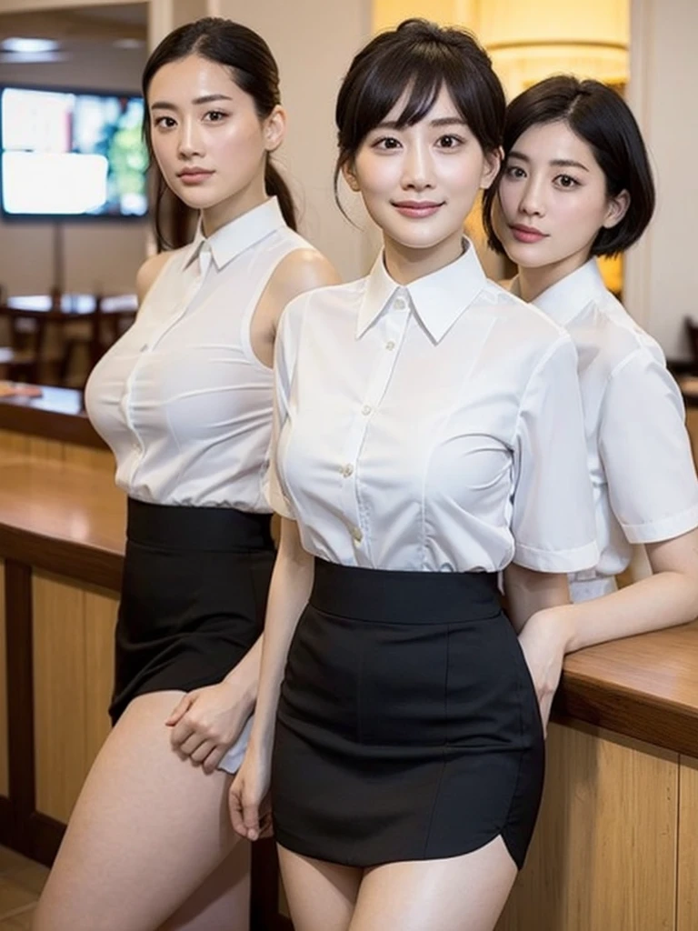 Highest quality、masterpiece、8k、Very detailed、Realistic、(One person:1.2)、Looking at me with a smile、whole body、Black Hair、Short Hair、Small face、Slender、(Very large breasts:1.2)、Thin and beautiful legs、narrow and constricted waist,、(Family Restaurant Uniforms:1.2)、A tight-fitting white shirt with buttons and a collar、A short, black, high-waisted skirt、(Nobody background)